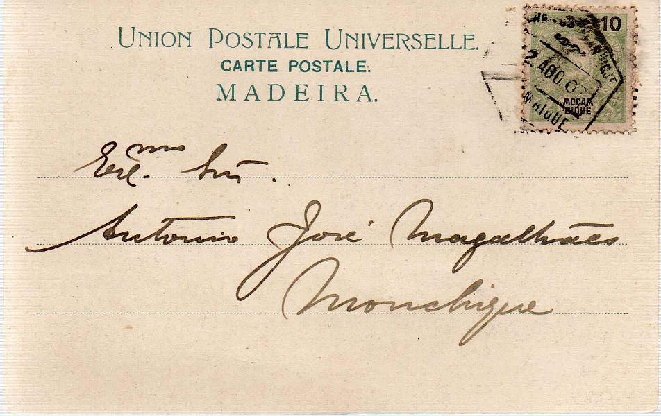 2392 f.jpg -     Lote:    2392 (frente)      Lotes pelo Correio      Moçambique       Descrição:         1898/1901 &mdash; D. Carlos I Mouchon. Postal ilustrado circulado de Moçambique (12.08.03) para Monchique, com selo de 10 reis verde CE55.        PI       Valor Base:     &euro; 5,00     Valor Venda:     Retirado     